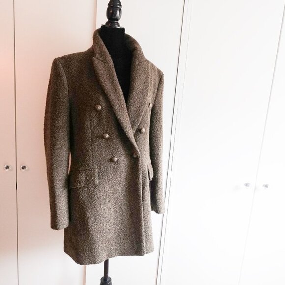 ZARA Long Double -Breasted Boucle Blazer Jacket Green Wool blend - Picture 8 of 10